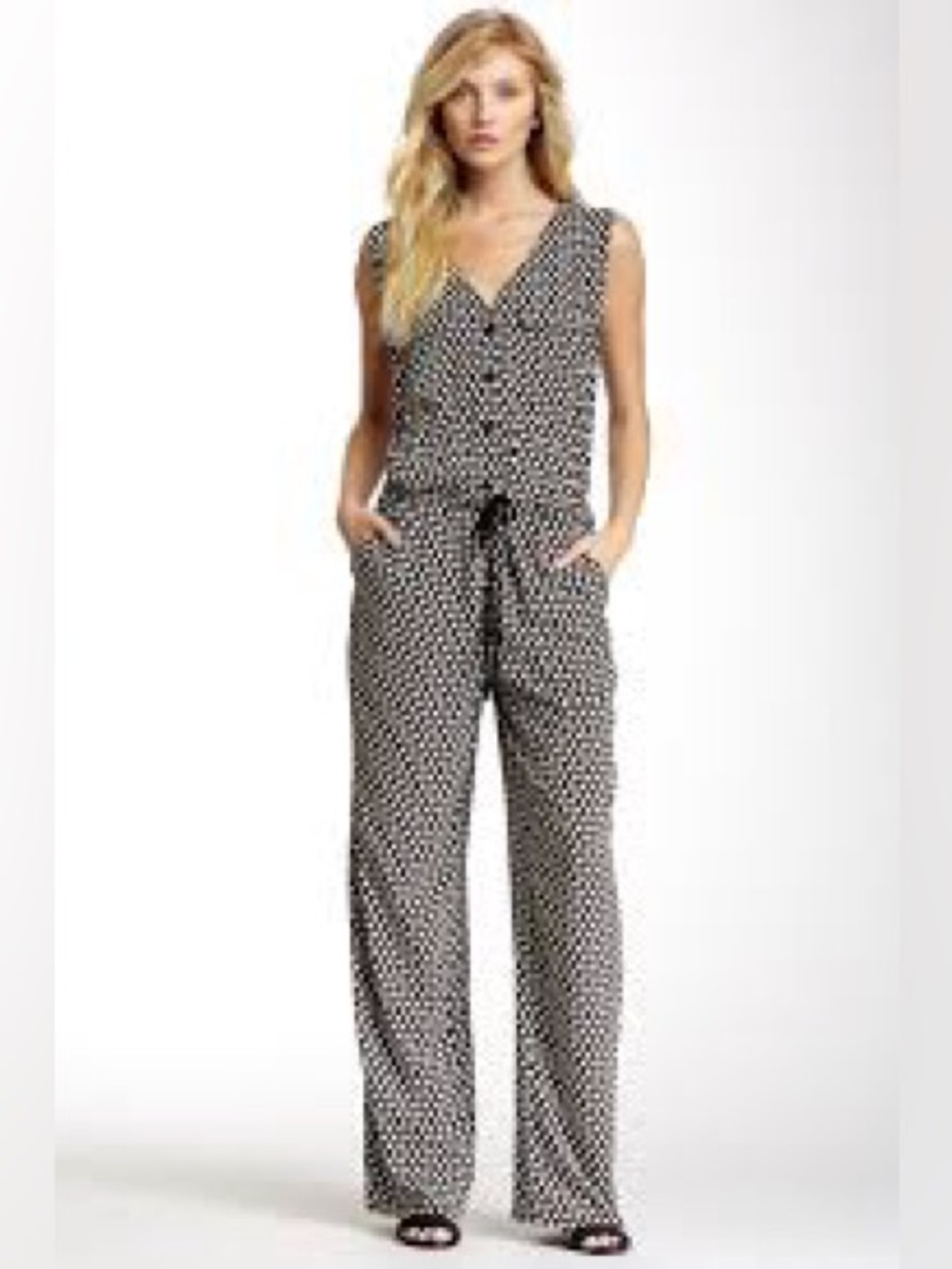 Max Studio Black and White Printed Sleeveless Drawstring Jumpsuit